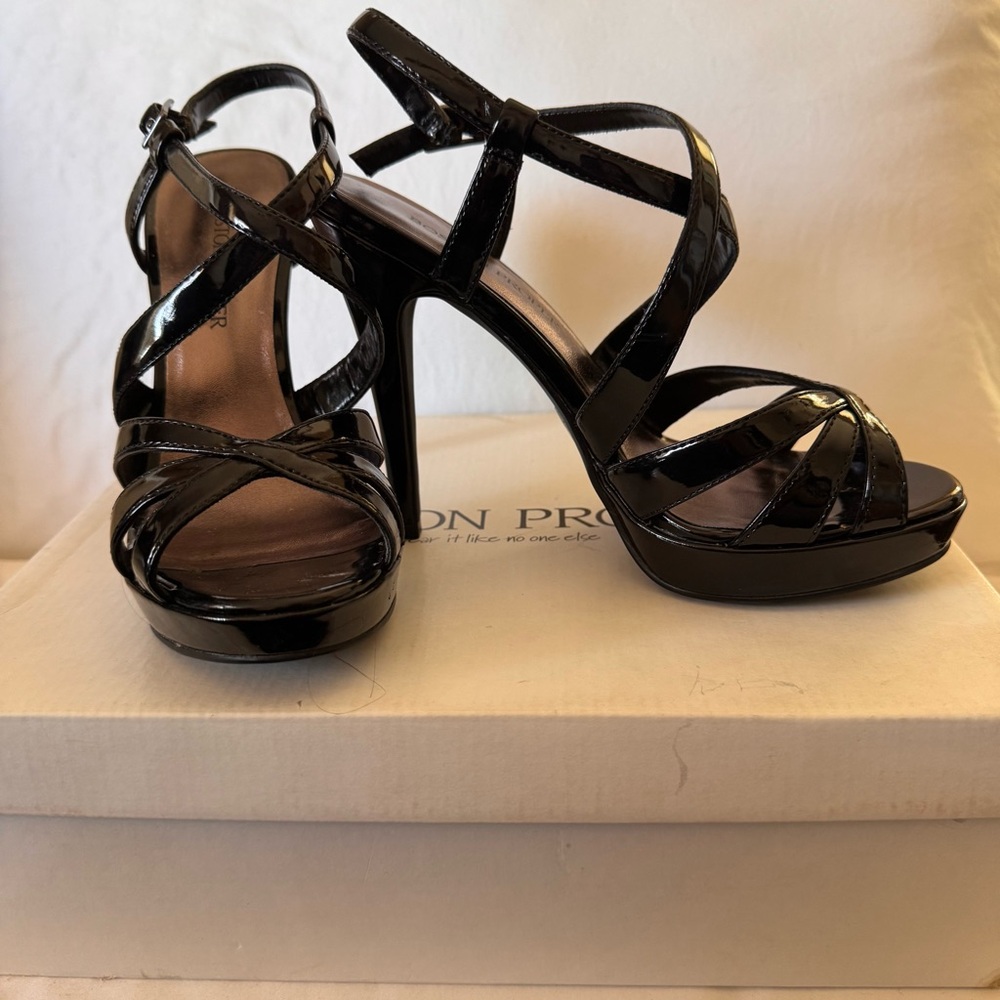 Boston Proper, Faux Patent Leather stilettos; black strappy